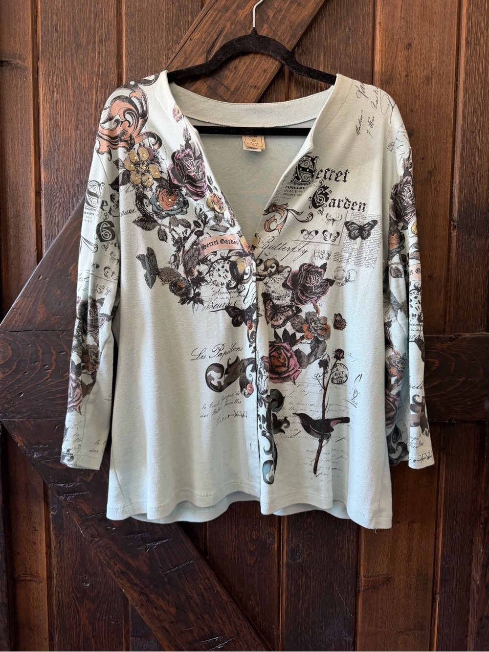 Jess & Jane Secret Garden Button Front Cardigan Floral Butterfly Cotton XL USA